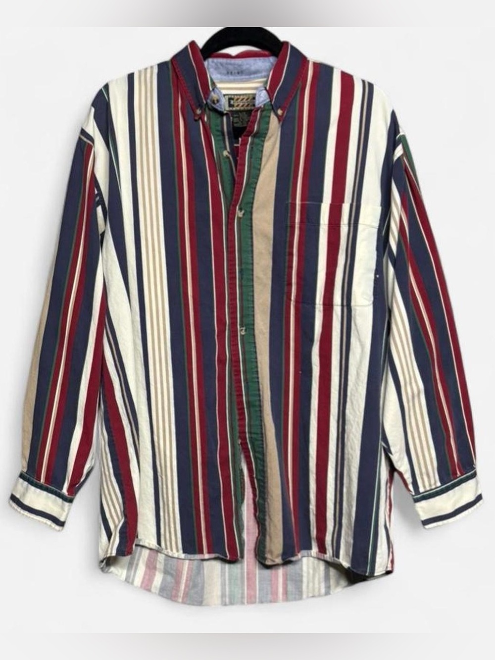💥90’s Hunting Horn White & Multicolor Striped Long Sleeve Button Down Shirt💥